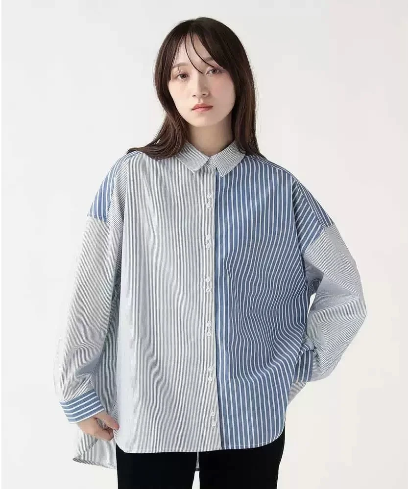 

Qifeng Japanese Style Spring Loose Fit Collar Long Sleeve Striped Casual Shirt Women's Top Breathable Moisture Wicking C...