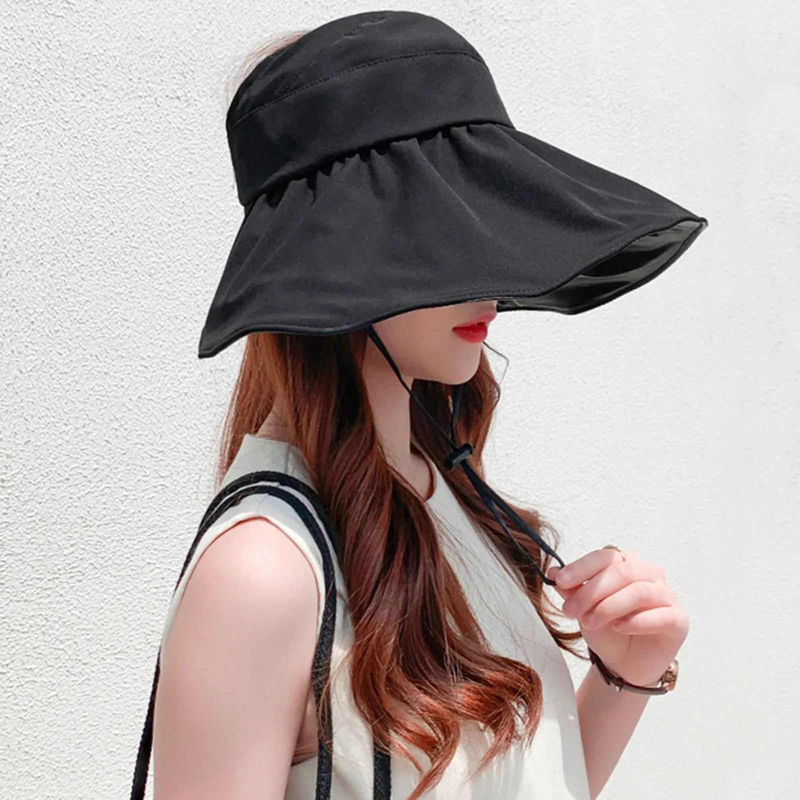 

Women's Empty Top Sun Hat Summer Leisure Travel Anti Large Eaves Sunscreen Black Rubber Fisherman Hat