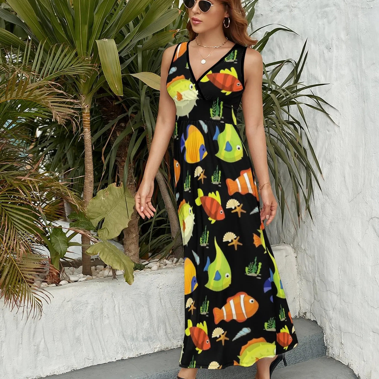 Tropical Fish Pattern in Black Background Sleeveless Dress summer dress for women 2023 elegant chic wedding evening dresses