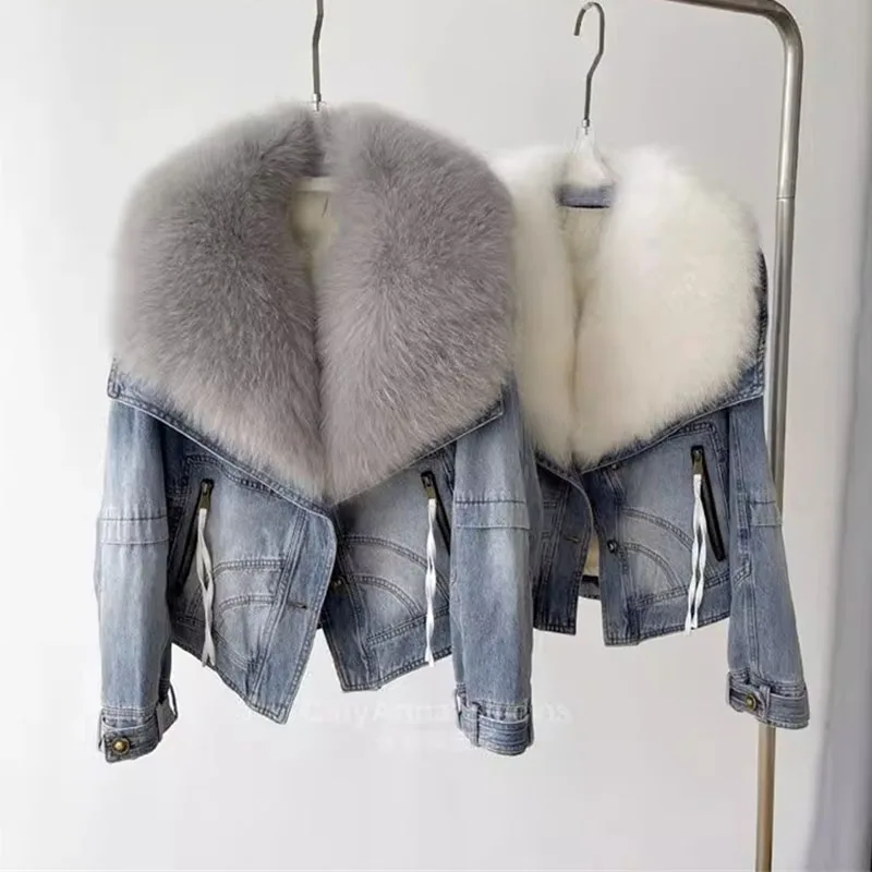 New Winter Imitation Fox Fur Big Fur Collar Denim Jacket Short Casual Down Cotton Lining Base Coat Women Warm Parka Outerwear