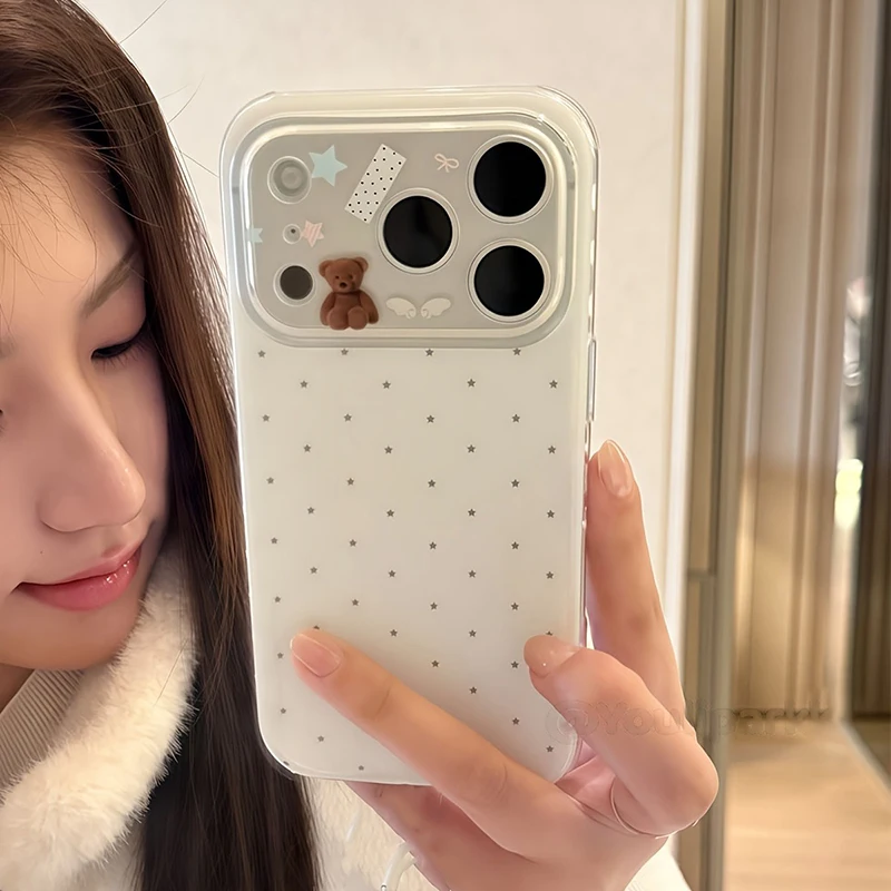 

Grey Wavelet Point Bear Pattern Silicone Soft Phone Case For iPhone 17 16 15 Pro Max 14 13 12 11 Pro Shockproof TPU Bumper Cover