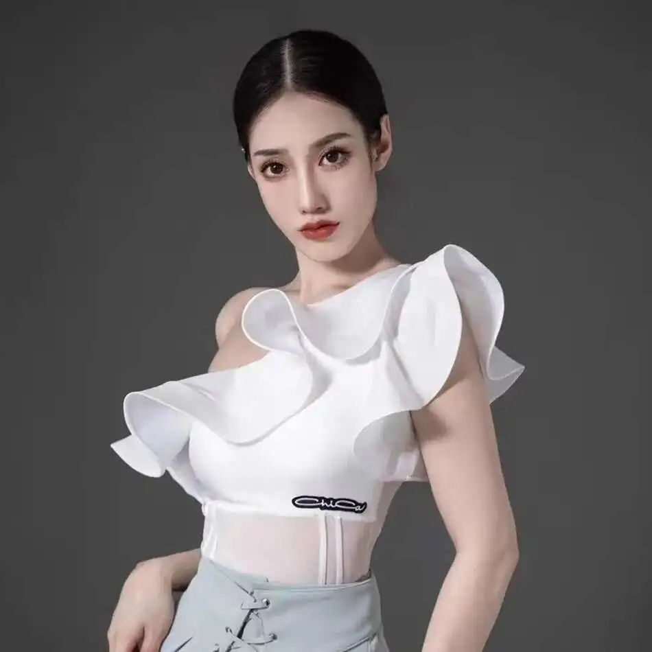 

Big Lotus One Side Shoulder Design Bodysuit Female Latin Dance Dress for Women Performance Ballroom Dancing Costume NY69 MC044