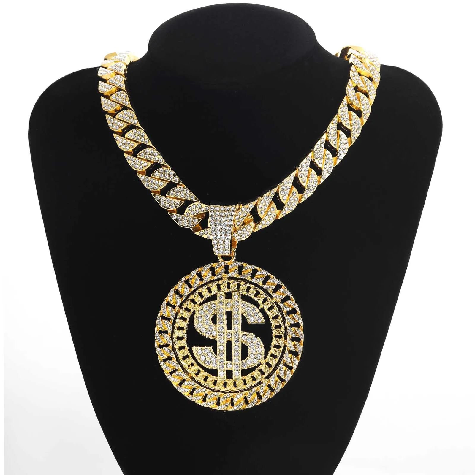 New Hip Hop Style Cuban Link Chain Necklace with Sparkling Diamond-encrusted Dollar Sign Pendant for Men Fashion Money Jewelry