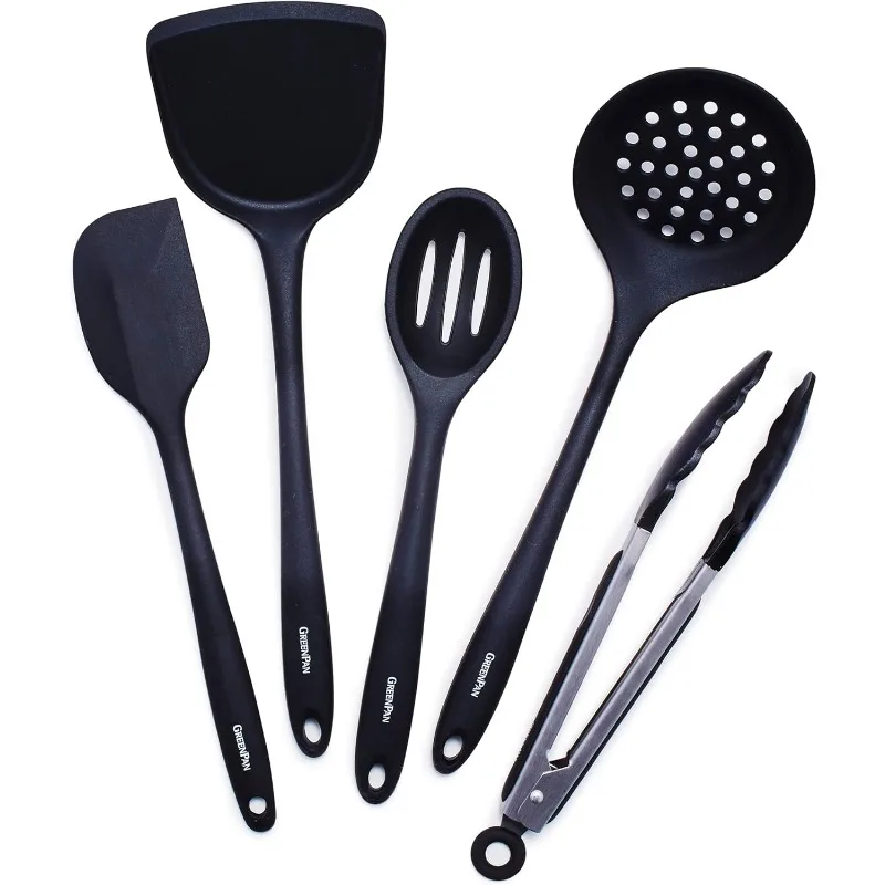 5 Piece Cooking Utensil Set, Flexible Nonstick Silicone, Stain-Free, Tongs, Turner, Spatula, Skimmer, and Slotted Spoon