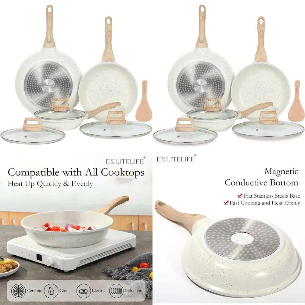 

Набор сковородок с антипригарным покрытием и крышками, безопасный для всех варочных панелей, без ПТФЭ и ПФОА (белый)