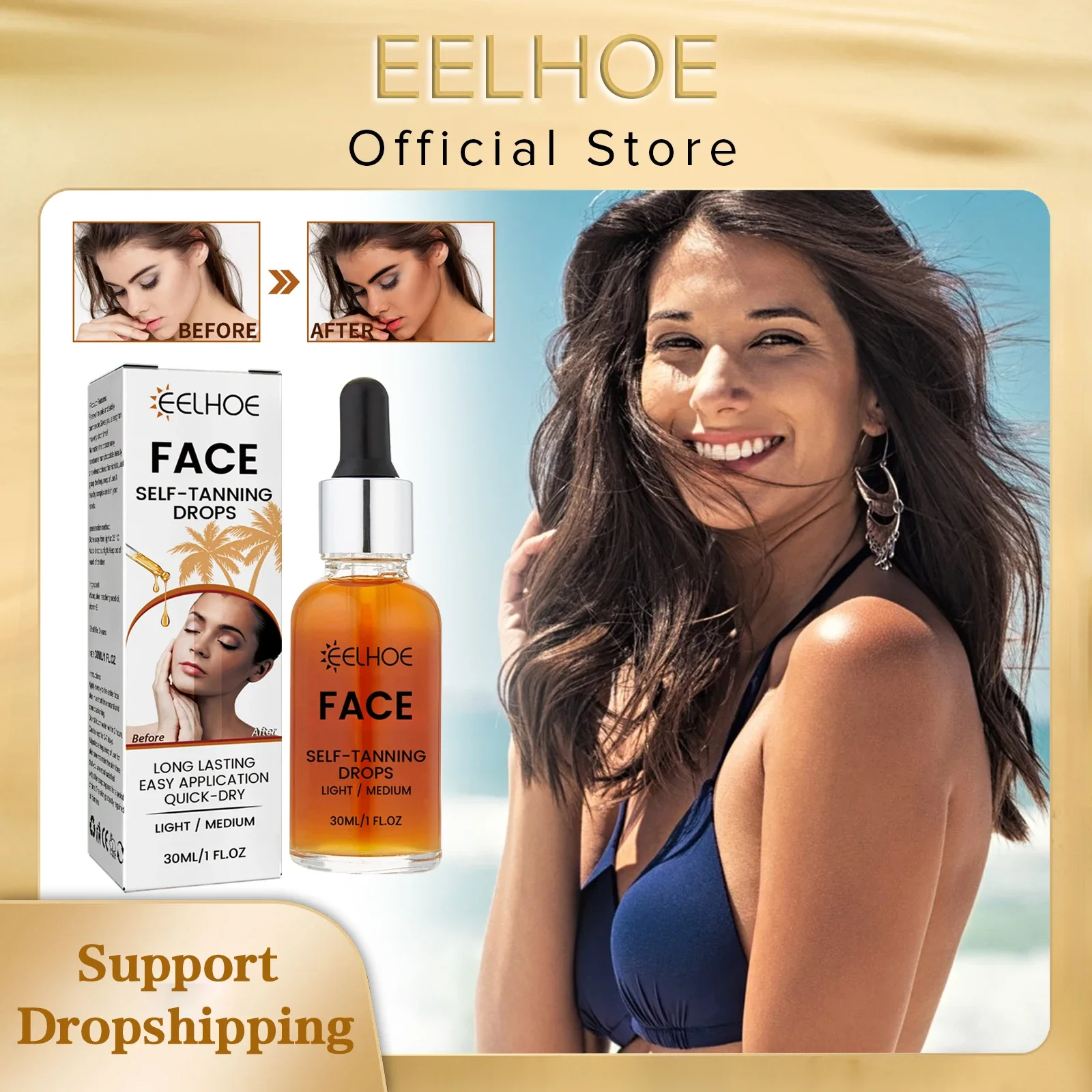 EELHOE Self Tanning Drops Sunless Skin Tanning Oil Liquid Dark Self Tanner Water Serum for Face Body Fake Indoor Tan Lotion 30ml