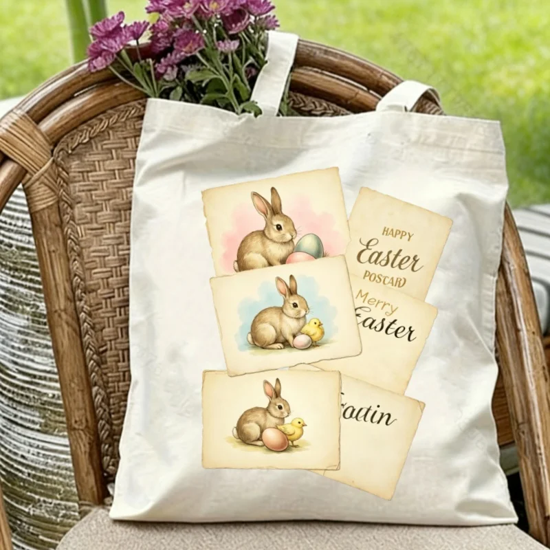 1pc Retro Easter Bunny & Chick Postcard Tote Bag Double Sided Canvas Shoulder Bag Easter Gift For Teens Women
