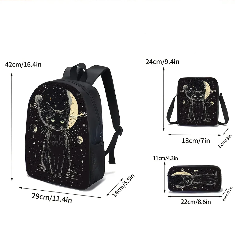 Black Cat 3pcs Large Capacity Oxford Cloth Travel Bag With Laptop Compartment, Unisex Backpack With Pencil Case And Lunch Box, H