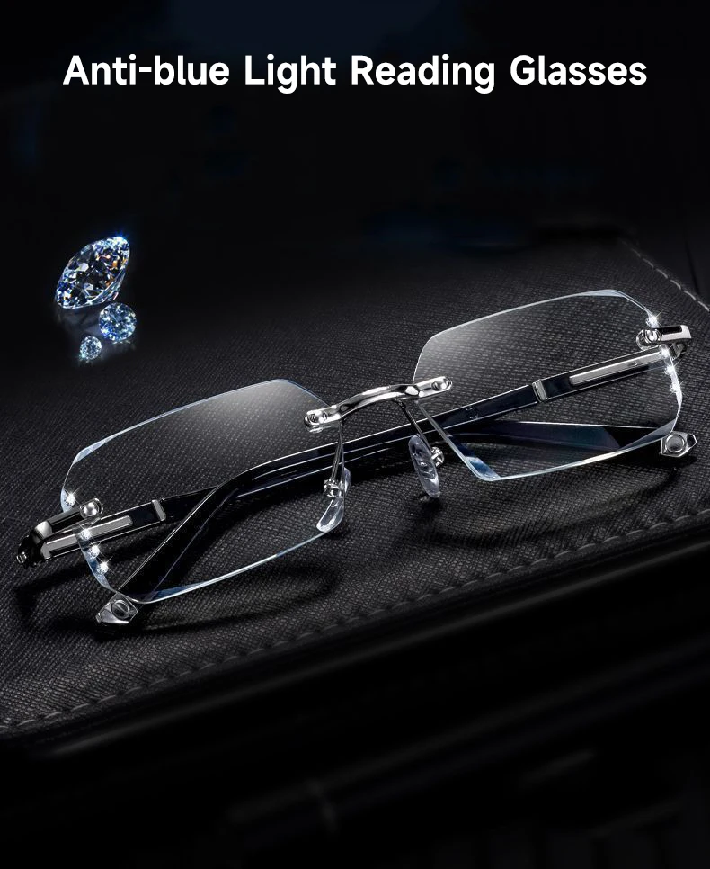 Mode Diamant Anti-blau Licht Lesebrille Frau Mann Randlose Brillen Blockieren Blau Licht Schutz Brillen +1,0 Bis +4,0 – Detail 6