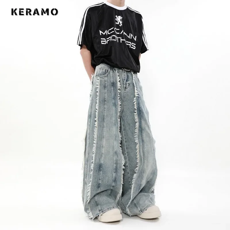 Women's Y2K Tassels Baggy 2000s Denim Trouser Vintage Casual Classic Emo Blue Pants Grunge Street Retro Burr Edge Trashy Jeans