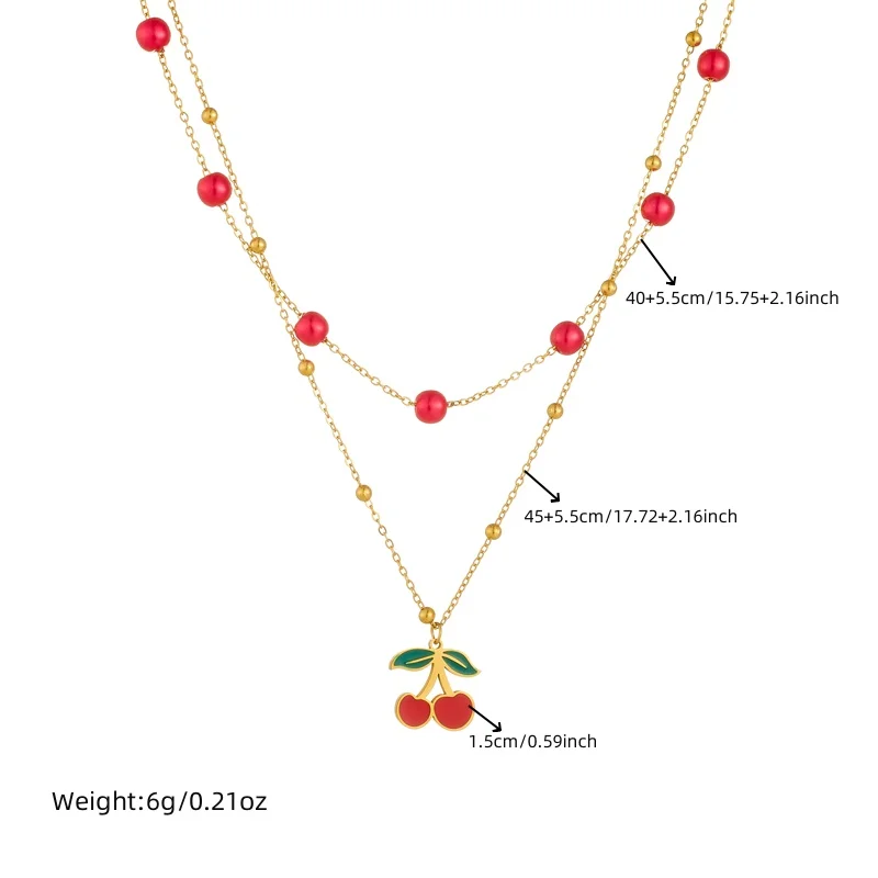 DIEYURO 316L Stainless Steel Red Beaded Cherry Pendant Pendant Double Layer Necklace For Women New Trend Neck Chain Jewelry Gift