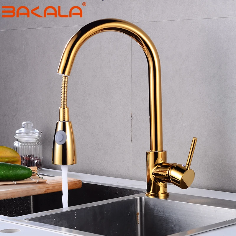 

BAKALA Thickened Brass Brushed Nickel Golden Kitchen Faucet Pull Out Spray Kitchen Tap 360° Rotatble Hot Cold Sink Mixer Crane