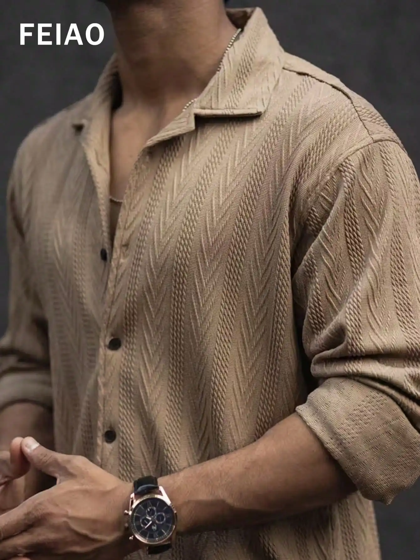 

Men's Textured Knit Long-Sleeve Casual Shirt in Beige, Retro Pattern, Autumn/Winter