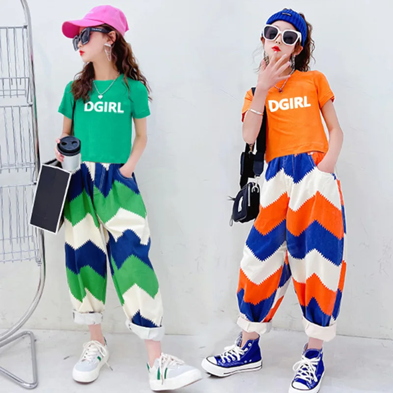 

2024 teenager summer cotton Girls clothes midriff street suit crop top letter t shirt + Ripped pant children set 6 7 9 12 year