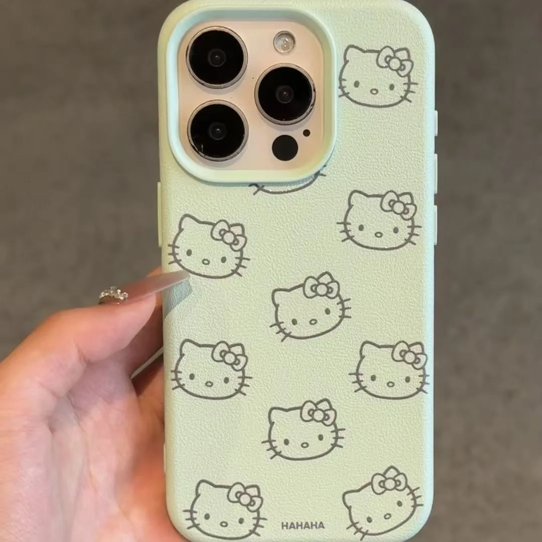 Ins New Hello KittysFashion TPU Imitation Leather Phone Case for IPhone 16 Plus 15 14 13 12 11 Pro Max Shock-absorbing