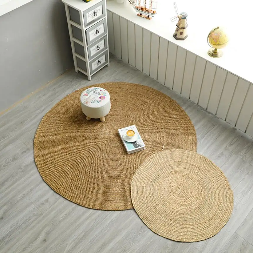 Round Woven Rush Grass Rugs Handmade Rattan Carpet for Bedroom Living Room Vintage Home Decor Floor Mat Chic Room Door Mat Tapis