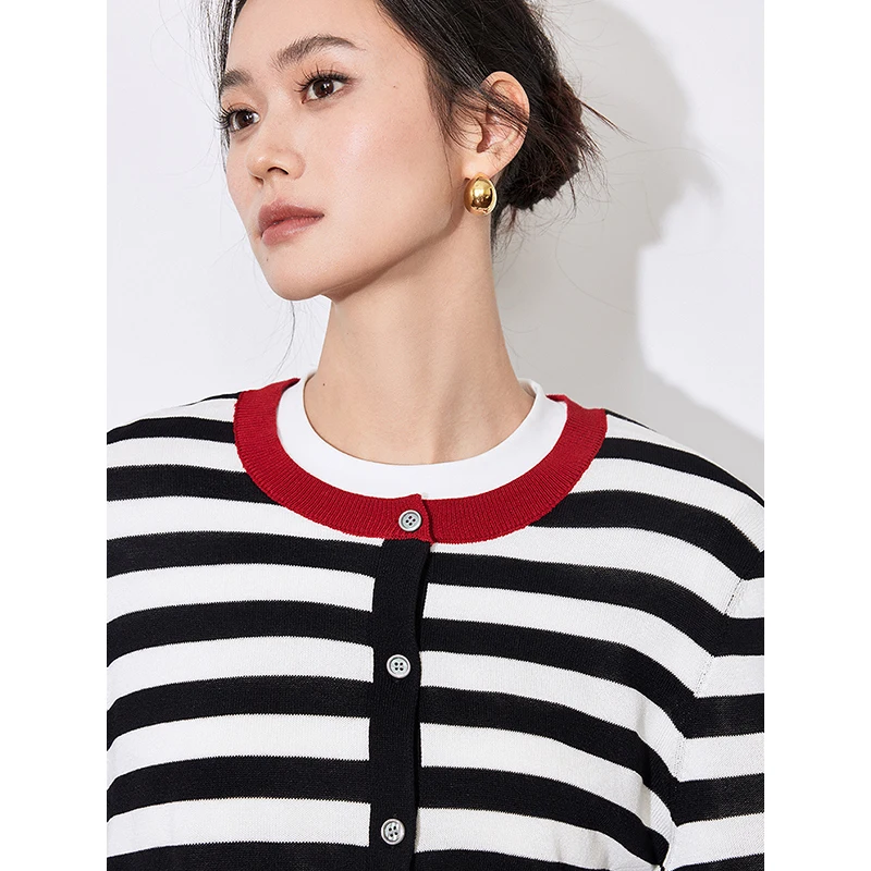 TOYOUTH Women Knitwear 2025 Spring New Round Neck Contrast Striped Single Breasted Button Cardigan Woolen Coat Tops