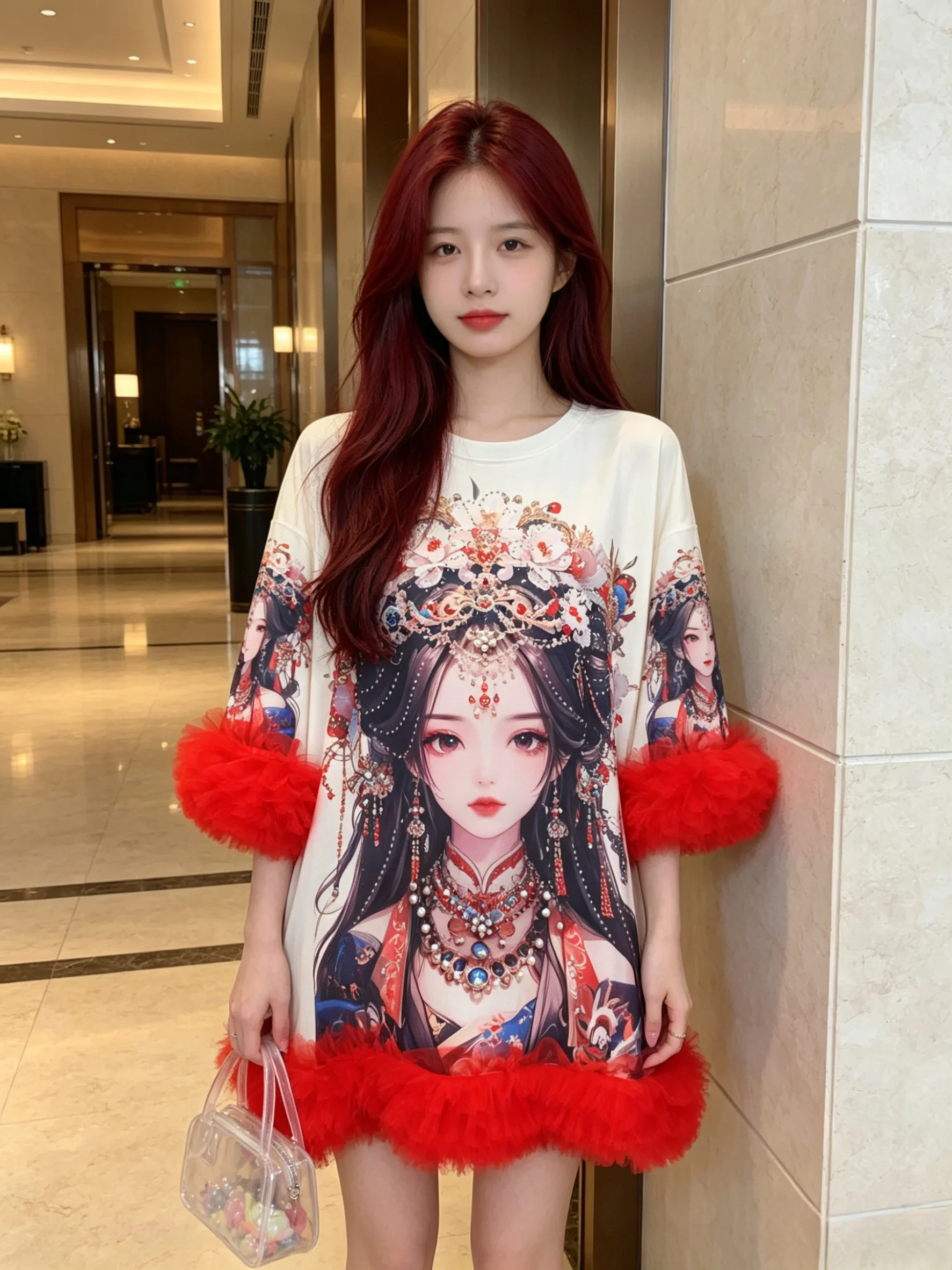 Vintage Beauty Printing Mid-long Women T-shirt Sweet Princess Dress All-match Round Neck Summer Mesh Lace Half Sleeve Tops