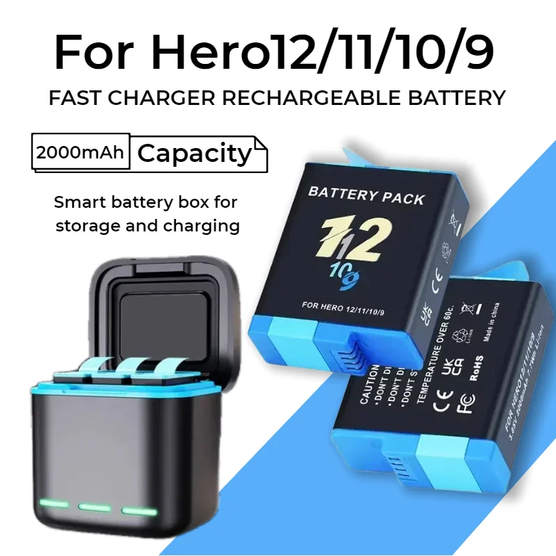 

2000mAh Battery & Fast Charger Box for GoPro Hero 12 11 10 9, Rechargeable Li-ion Battery Pack for GoPro Accessories and Camera