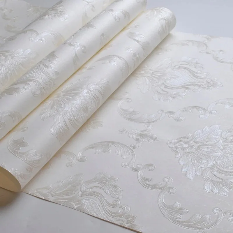 Creamy White Embossed Damask Wallpaper Bedroom Living room Background Floral Pattern 3D Textured Wall Paper 0.53*10m