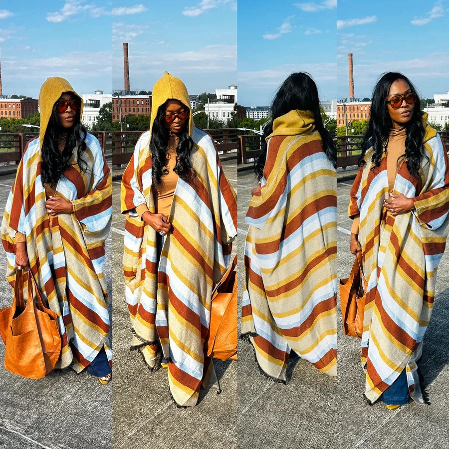 

African Women Autumn Winter Stripe Open Front Long Hooded Duster Coat Oversized Europe Loose Thick Warm Long Cardigans For Party