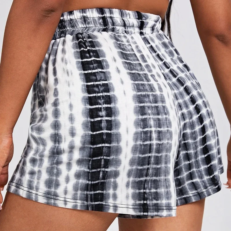 Plus Size Drawstring Waist Summer Casual Tie Dye Shorts Women Black And White Loose Wide Leg Knot Shorts Large Size Sport Shorts