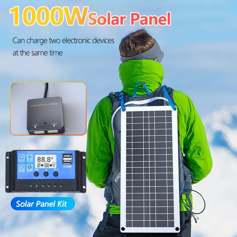 20-1000W Solar Panel 12V Solar Cell 10A-100A Controller Solar Plate Kit For Phone RV Car Caravan Home Camping Outdoor Battery