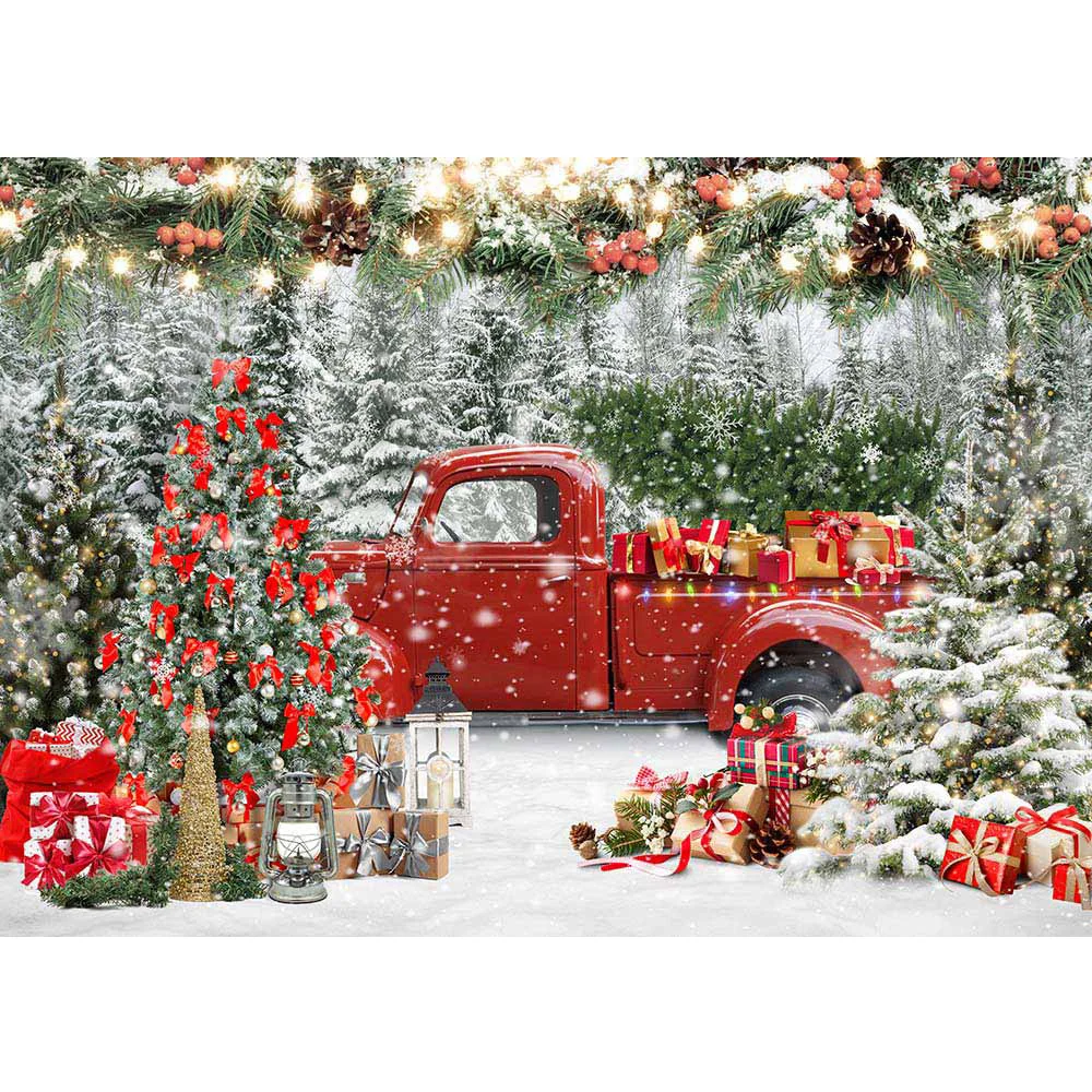 عيد الميلاد شاحنة حمراء خلفية الشتاء الثلجي شجرة عيد الميلاد الغابات عيد ميلاد صورة خلفية هدية للأطفال الكبار صورة استوديو التصوير الفوتوغرافي