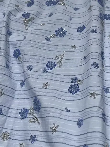 

Niche Designer Tailor Blue Casual Style Striped Shirt Embroidery Lining Cotton Floral Beaded Embroidered Cloth