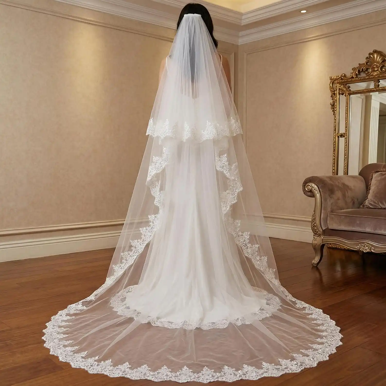 Cathedral Embroidered Wedding Veil Tulle Wedding Accessories Bridal Veil Soft Mantila style lace edge Customized length style