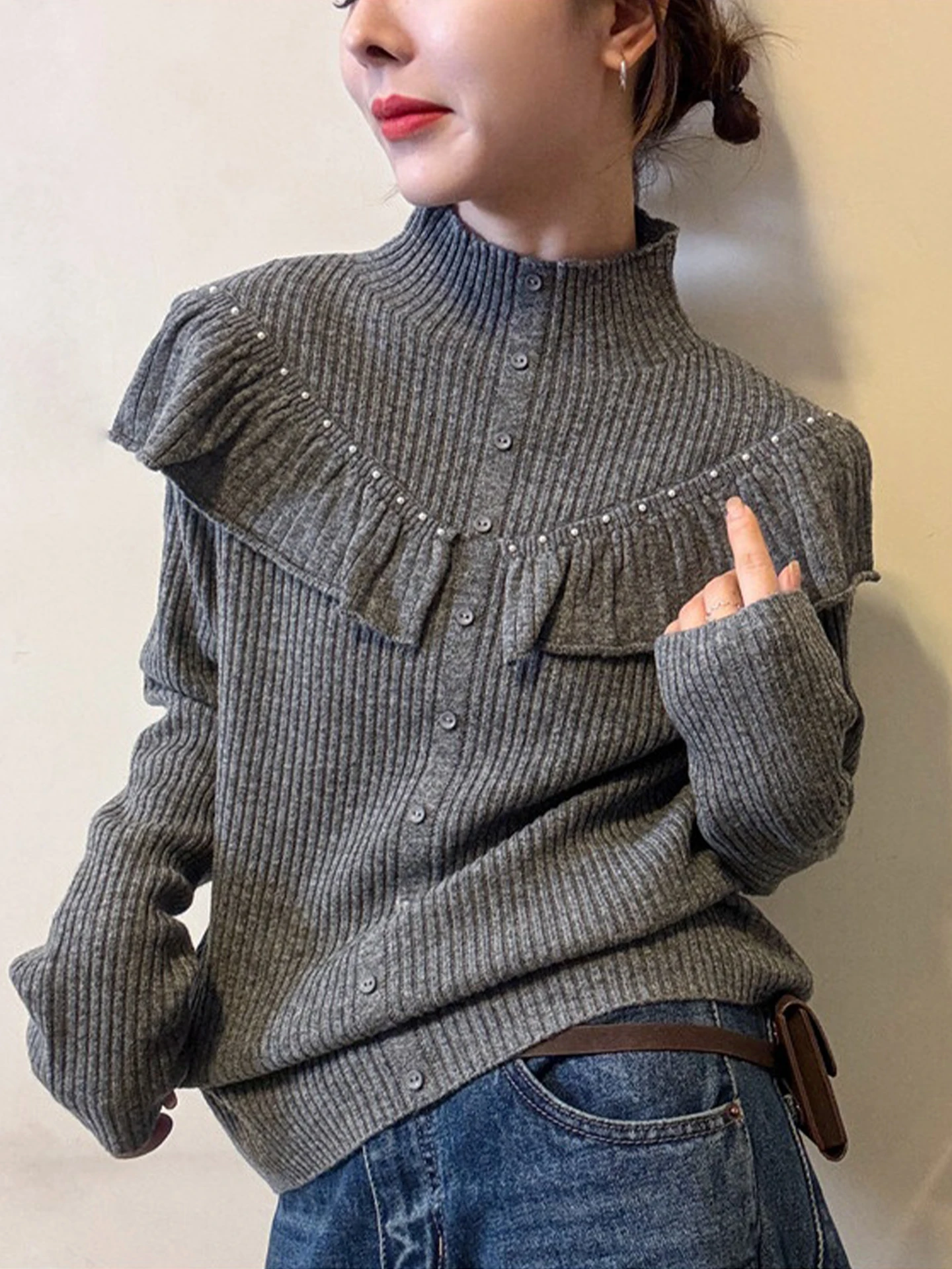 

Корейский модный зимний свитер с рюшами и вышивкой, вязаный топ с длинными рукавами, женская одежда