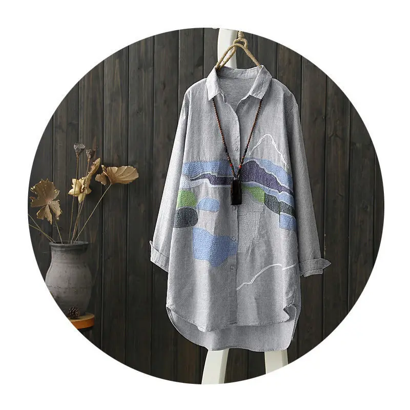 بلوزات الربيع والخريف جديد مطرز كم طويل القطن و قميص كتان المرأة مقلمة خمر الأدبية بلوزات فضفاضة كبيرة #6