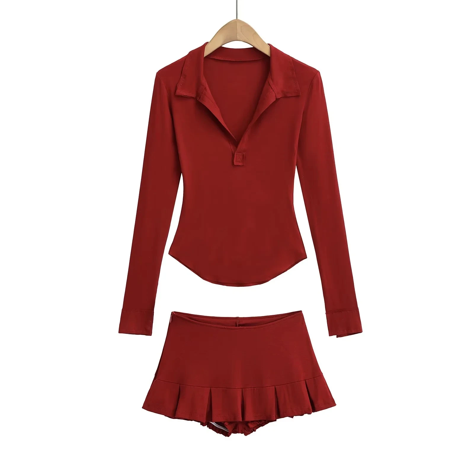 Seksowny, czysty pożądanie, wiosna 2025, nowy, elegancki, długi rękaw, koszulka z kołnierzykiem, spódnica do kolan, dwuczęściowy zestaw, moda damska, styl do pracy...