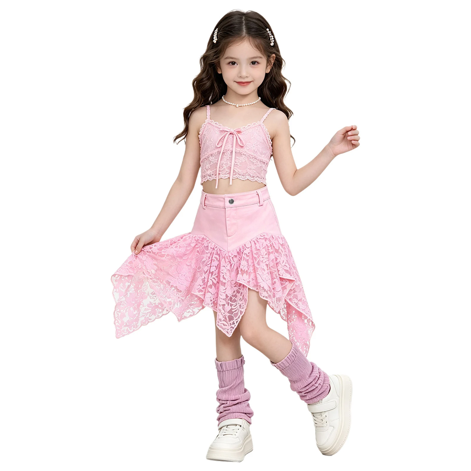 Kids Girls Y2K Skirt Zipper Irregular Flowy Lace Patchwork Fly Skirts with Pockets Birthday Party Outfit Teen Casual Streetwear
