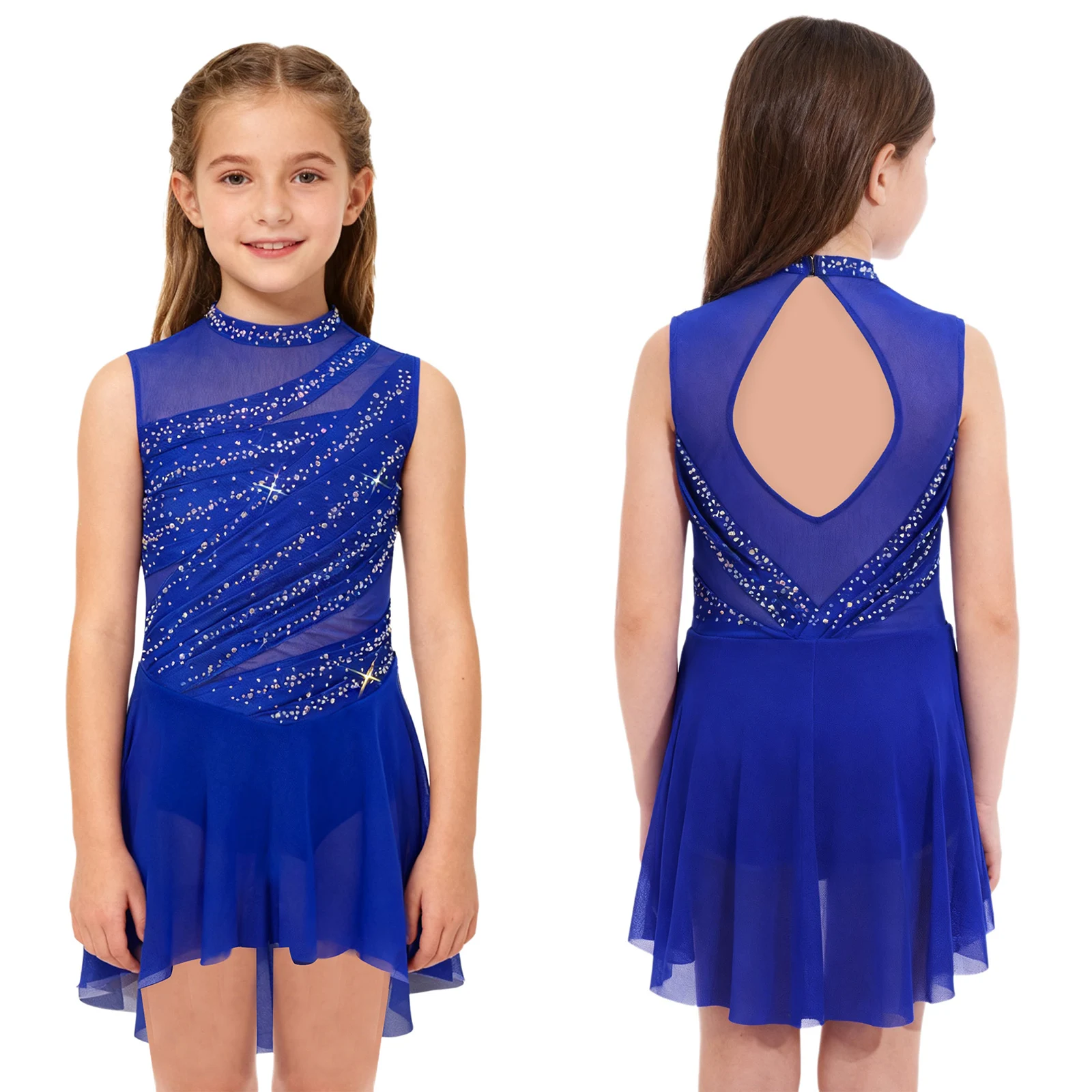 

Kids Girls Ruched Rhythmic Gymnastics Ballet Lyrical Latin Dance Stage Performance Costume Sleeveless Rhinestone Leotard Dress