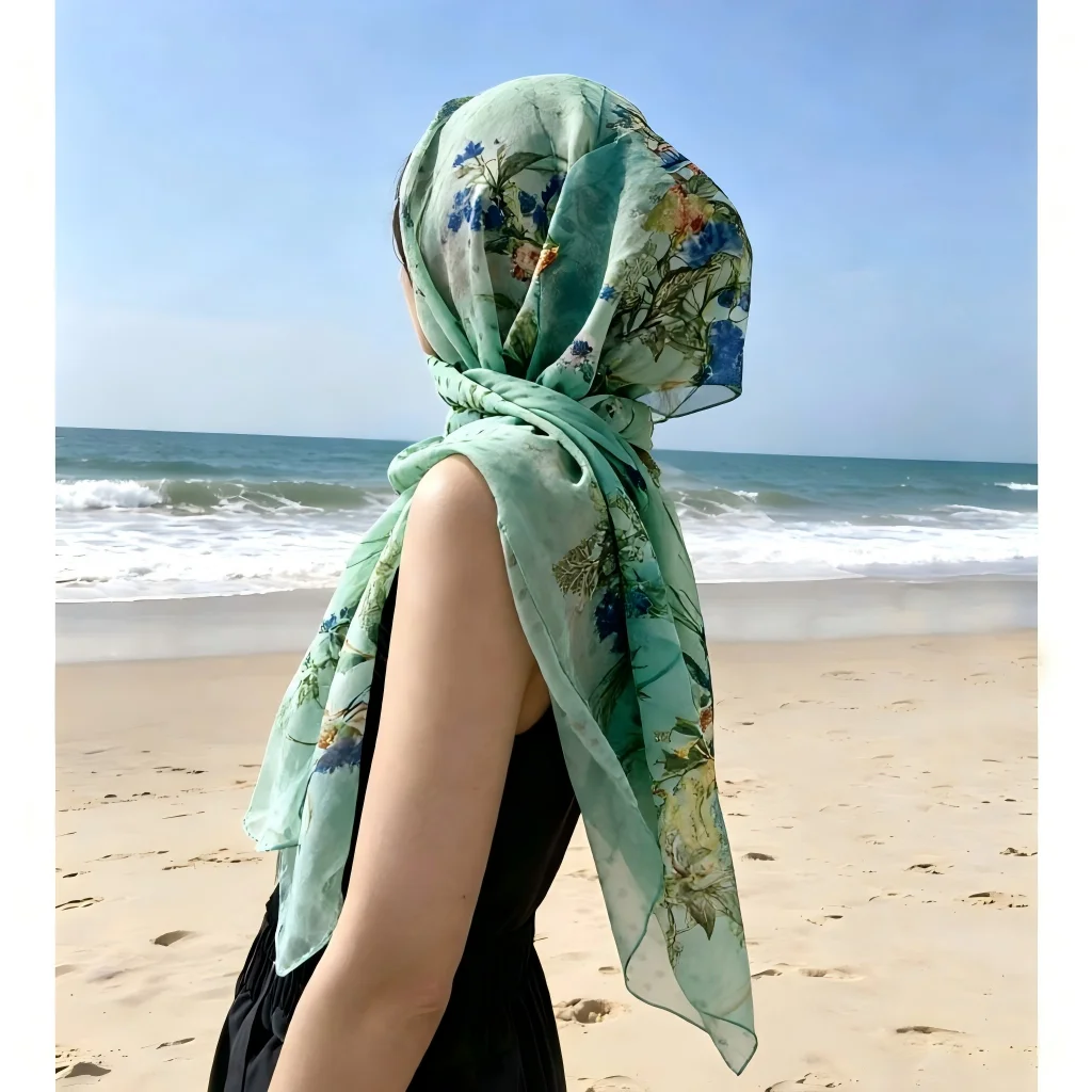 Neue Mode Blumen pflanzen Chiffon seidig Georgette Schal Frauen geometrischen Druck lange weiche Wickel Schal Strand Kopftuch Schals – Detail 1