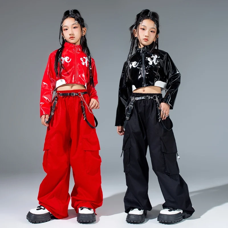 الفتيات الهيب هوب ملابس رقص الأطفال الشارع الحديثة ملابس الرقص طفل الجاز Kpop مرحلة الملابس سترة حمراء السراويل البضائع السوداء VDL2169