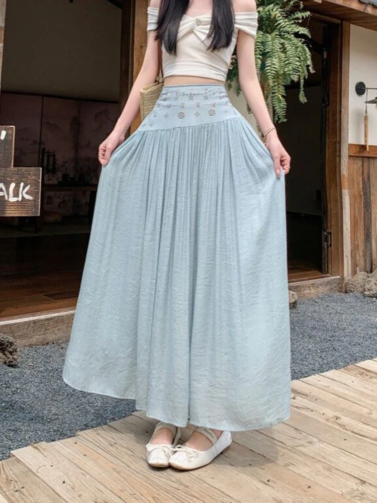 Women Sweet Boho Long Skirt Summer Vintage Loose High Waist Elegant Skirts Casual Retro All Match Female Cute Long Skirts New