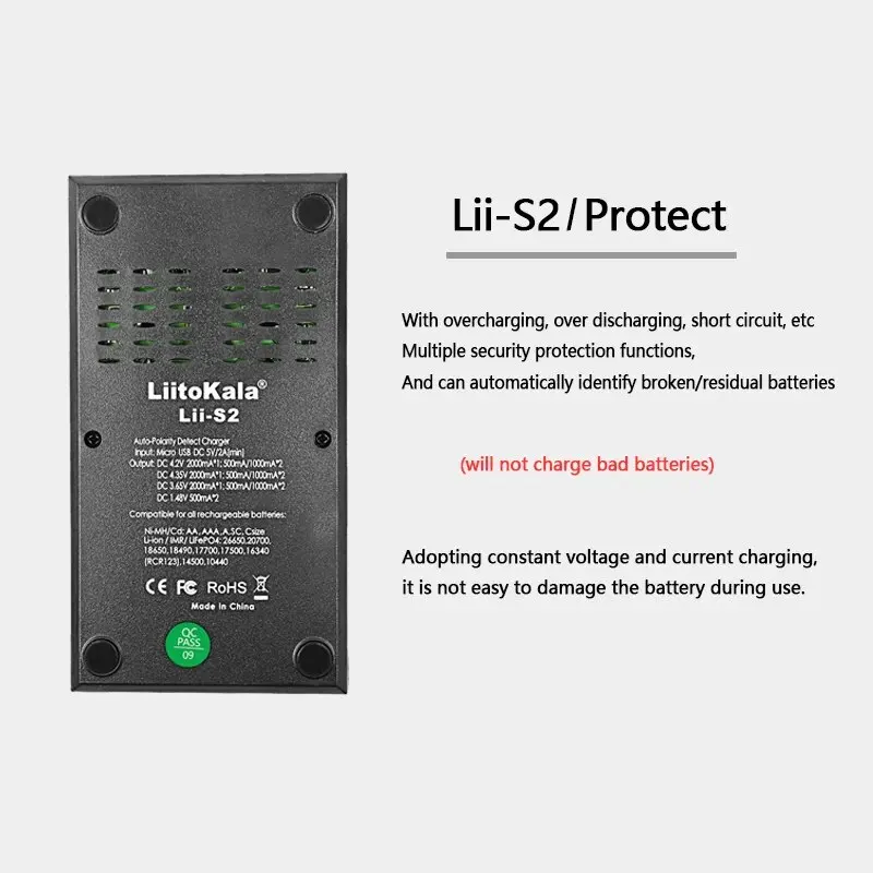 LiitoKala Lii-S2 Battery Charger Auto-polarity Detection For 18650 26650 16340 18350 10400 14500 AA AAA Li-ion Batteries