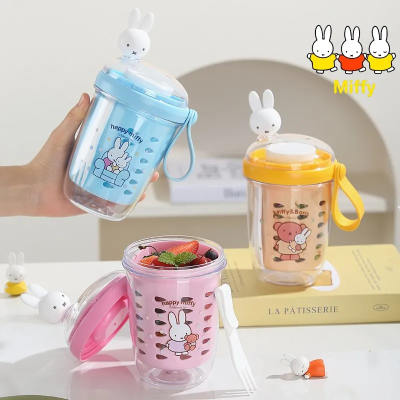 

600ml Kawaii Miffy Water Cup Cartoon Yogurt Salad Cup Double-layer Outdoor Portable Fruit Cup with Handle Portable PlasticCup