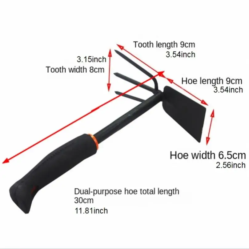 Thicken Serviceable Dual Use Small Hoe for Gardening Tool with Three Tooth Harrow Head, Iron Head Dual Purpose Hoe