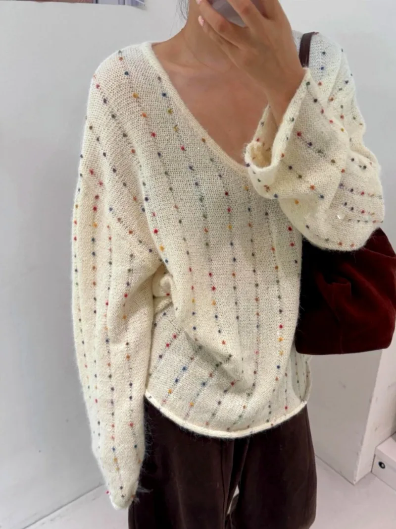 

High-end Mixed Color Slim V-neck Sweater Women Pullovers Autumn and Winter New Knit Vintage Maillard Loose Sweater Female Tops
