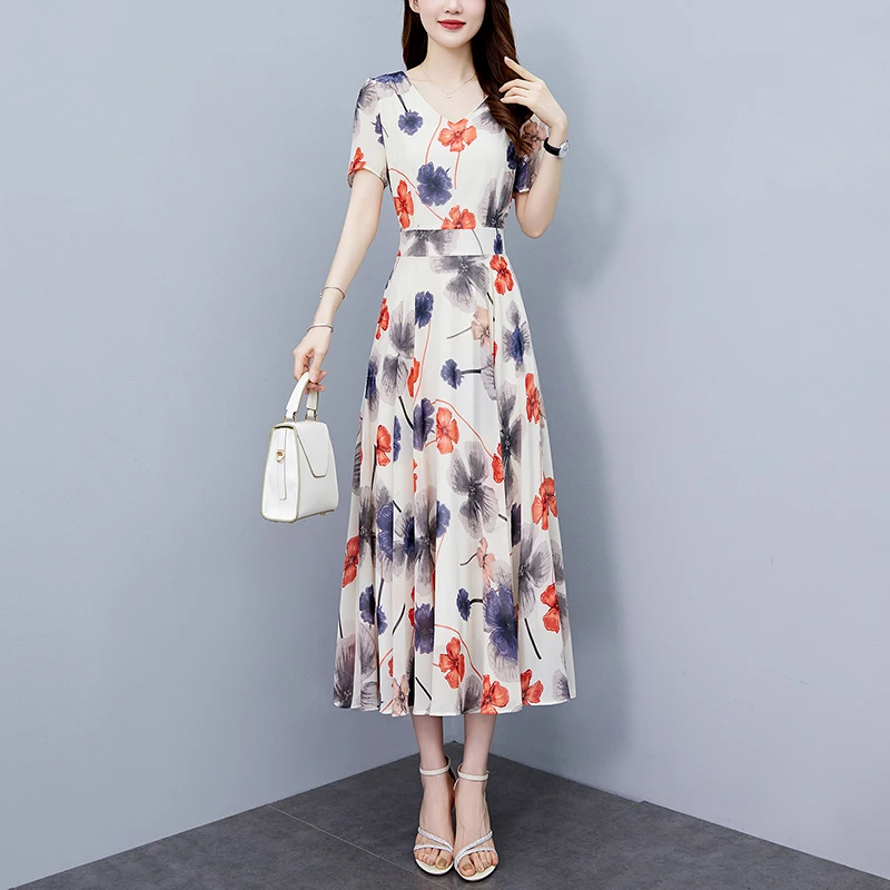 Sukienka letnia w kwiaty z szyfonu w stylu boho na plażę, damska, obcisła, vintage, luksusowa, długa sukienka na imprezę, elegancka, codzienna, szykowna, na studniówkę, midi, vestido, 2025