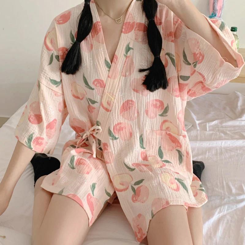 Pink Pajama Sets Women Sweet Casual Simple Design Stylish Japanese Style Lace-up Print Summer Home Lounge Wear Cozy Breathable