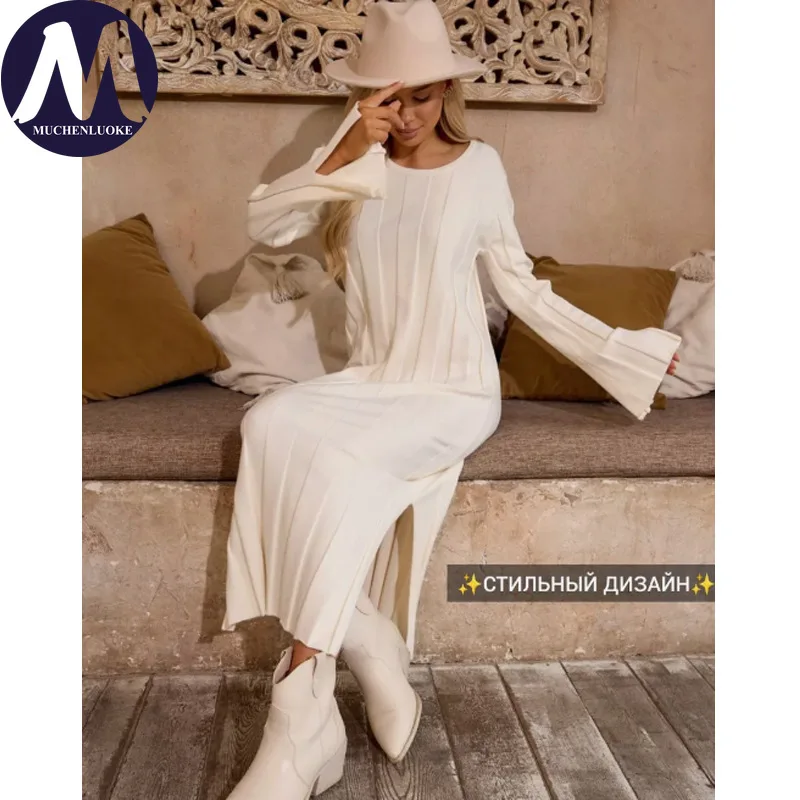 

Elegant Womens Dresses Spring Summer New Casual Long Sleeves O Neck Knitted Dresses Fashionable Loose Elasticity Sweater Dress