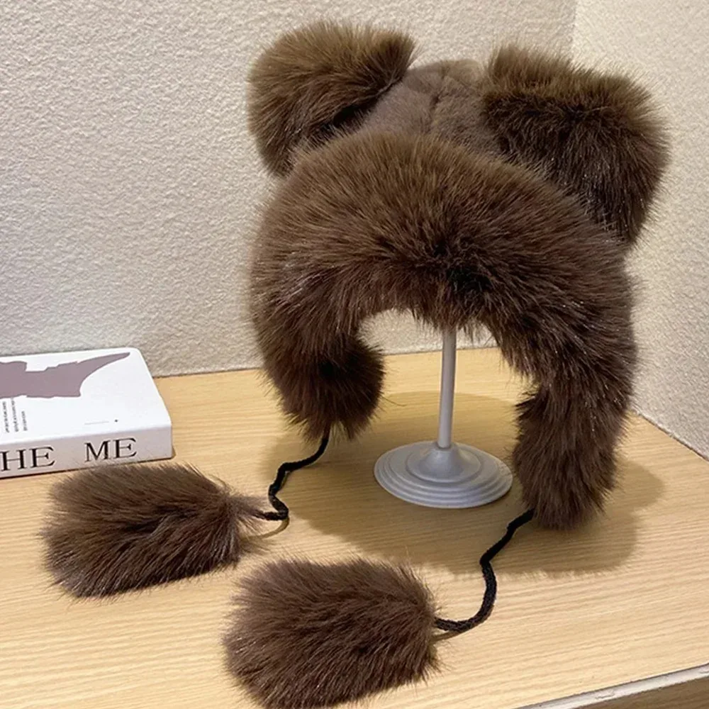 Damen Winter Warme Kawaii Fuchsfell-Imitation Nerz-Plüschmütze Verdickte Niedliche Bärenohren Japanische Jackenmütze Ohrenschutz Cosplay-Kappe – Detail 9