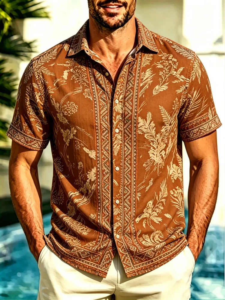 

Men's Loose Comfort Short Sleeve Shirt, Brown Ethnic Tribal Pattern Casual Top, Boho Vacation Wear