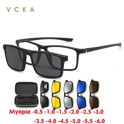 VCKA 6 in 1 Myopia Glasses Magnet Clip Sunglasses Men Women Square Frame Prescription Nearsighted Astigmatism -0.5 to -10