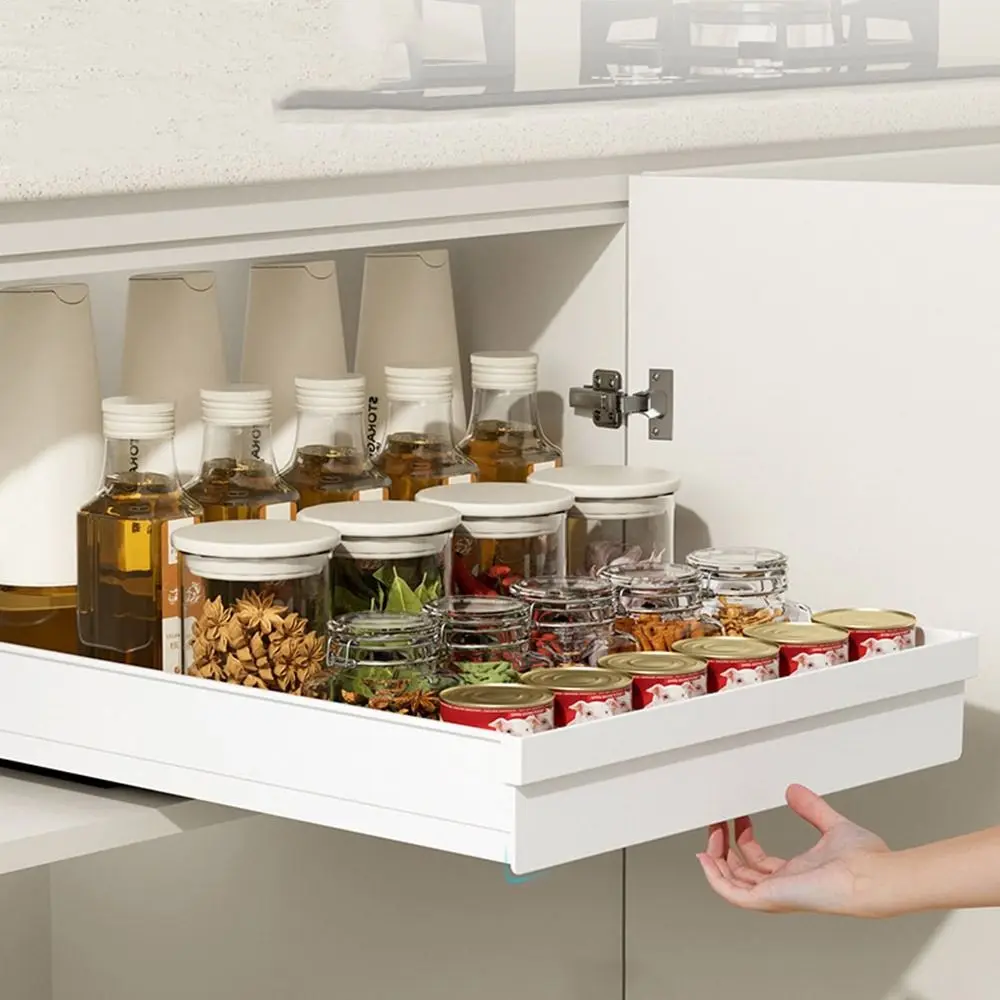 

Pull-out Kitchen Storage Rack Anti-slip Large Capacity Drawer Type Storage Tray with Slide Rails Plastic Spice Box Storage Rack