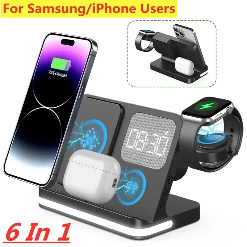 

Подставка для беспроводного зарядного устройства для iPhone 17 16 Samsung S25 S24 Ultra Note Fold Galaxy Watch 5 4 Active Buds Док-станция для быстрой зарядки